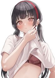 Rule 34 | 1girl, alternate hairstyle, black hair, blunt bangs, bra, breasts, brown eyes, closed mouth, clothes lift, commentary, eyelashes, hand up, highres, idolmaster, idolmaster shiny colors, lifted by self, light frown, long hair, looking at viewer, low twintails, mayuzumi fuyuko, shirt, shirt lift, short sleeves, simple background, solo, steaming body, takio (kani sama), twintails, underwear, upper body, white shirt