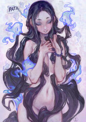 Rule 34 | 1girl, absurdly long hair, black hair, blue eyeshadow, bracelet, breasts, cleavage, closed eyes, commentary, completely nude, cowboy shot, english commentary, eyeshadow, ghost, hair censor, highres, jewelry, long hair, magatama, makeup, medium breasts, nat the lich, navel, nude, original, pale skin, pandora acherona (nat the lich), pearl bracelet, solo focus, very long hair