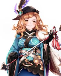 Rule 34 | 1girl, absurdres, arrow (projectile), black gloves, black hat, blush, breasts, brown eyes, brown hair, gloves, granblue fantasy, hamaya, hat, hat ornament, highres, holding, holding arrow, japanese clothes, kimono, long hair, looking at viewer, new year, nixour, parted lips, simple background, smile, solo, standing, tweyen (granblue fantasy), tweyen (twilight ties kimono) (granblue fantasy), white background, wide sleeves
