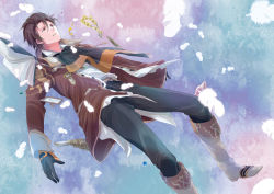 Rule 34 | 1boy, alvin (tales), bad id, bad pixiv id, blue background, book, boots, brown eyes, brown hair, coat, ascot, gloves, gun, male focus, pants, solo, tales of (series), tales of xillia, weapon, yukimatsu
