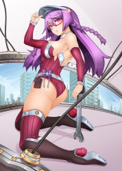 Rule 34 | 1girl, ass, bad id, bad pixiv id, blush, boots, braid, breasts, city, collar, covered erect nipples, detached sleeves, fingernails, full body, glasses, high heels, large breasts, leotard, long hair, nail polish, oni-noboru, original, pink eyes, pouch, purple eyes, purple hair, purple thighhighs, red-framed eyewear, red leotard, screwdriver, shoes, solo, thighhighs, twin braids, visor cap, wrench