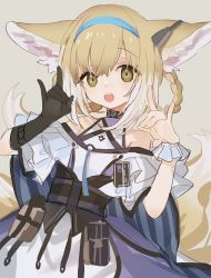 Rule 34 | 1girl, animal ear fluff, animal ears, arknights, awa iro, black gloves, blonde hair, blue hairband, commentary, double fox shadow puppet, dress, earpiece, fox ears, fox girl, fox shadow puppet, fox tail, gloves, green eyes, grey background, hair rings, hairband, infection monitor (arknights), kitsune, leaning back, looking at viewer, multicolored hair, multiple tails, off-shoulder dress, off shoulder, open mouth, short sleeves, simple background, single glove, single wrist cuff, smile, solo, suzuran (arknights), tail, two-tone hair, upper body, white dress, white hair, white wrist cuffs, wrist cuffs