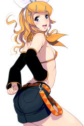 Rule 34 | 1girl, :d, alternate hair length, alternate hairstyle, ass, bare shoulders, belt, bikini, blonde hair, blue eyes, blush, breasts, cowboy shot, detached sleeves, hair ornament, hairband, kagamine rin, kouno (masao), long hair, open mouth, short hair, shorts, sideboob, small breasts, smile, solo, striped bikini, striped clothes, swimsuit, vocaloid, white background