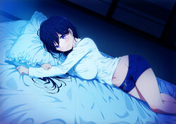 Rule 34 | 1girl, black hair, blue shorts, blush, breast press, breasts, closed mouth, commentary request, dutch angle, emoi do, feet out of frame, futon, highres, indoors, large breasts, long hair, long sleeves, looking at viewer, lying, micro shorts, navel, night, non-web source, on bed, on side, original, pillow, purple eyes, shirt, shorts, smile, solo, tareme, tatami, white shirt