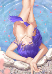 Rule 34 | 1girl, absurdres, armpits, arms up, bathing, blunt bangs, blush, braid, breasts, collarbone, completely nude, day, eyelashes, fingernails, from above, genshin impact, hair tie, highres, iamnk, large breasts, legs together, long fingernails, long hair, looking at viewer, looking up, mole, mole under eye, nipples, nude, onsen, outdoors, parted lips, partially submerged, pebble, petals, purple eyes, purple hair, raiden shogun, ripples, rock, sidelocks, single braid, sitting, solo, very long hair, water, wet