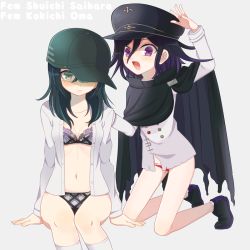 Rule 34 | 2girls, :d, arm up, black bra, black cape, black footwear, black hair, black headwear, black panties, blush, bra, brown eyes, buttons, cape, character name, collarbone, commentary request, danganronpa (series), danganronpa v3: killing harmony, double-breasted, dress shirt, fang, foreshortening, frown, genderswap, genderswap (mtf), grey background, grey jacket, grey shirt, hat, invisible chair, jacket, kneehighs, kneeling, koikeya (keroro7), lace, lace-trimmed bra, lace trim, long hair, long sleeves, looking at viewer, medium hair, multiple girls, navel, no pants, oma kokichi, open clothes, open mouth, open shirt, panties, purple eyes, purple footwear, purple hair, red panties, saihara shuichi, shirt, simple background, sitting, smile, socks, stomach, sweatdrop, underwear, white legwear