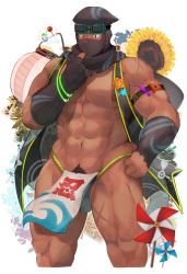 Rule 34 | 1boy, abs, armband, bara, biceps, black eyes, clothes lift, covered mouth, crow (siranui), elbow gloves, feet out of frame, fingerless gloves, floral print, flower, food, fundoshi, gloves, goggles, goggles on head, hand on own hip, highres, jacket, jacket lift, japanese clothes, kanji, kunai, large pectorals, loincloth, loincloth lift, male focus, manly, mask, mature male, mouth mask, muscular, muscular male, navel, navel hair, ninja, ninja mask, no pants, no shirt, open clothes, open jacket, original, pectorals, plant, scar, scarf, shuriken, simple background, sleeveless, solo, sunflower, thick arms, thick thighs, thighs, weapon, white background