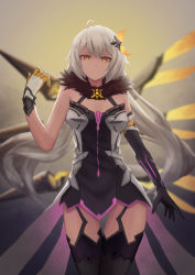 Rule 34 | 1girl, absurdres, ahoge, armor, armored dress, bare shoulders, blurry, blurry background, breasts, dark persona, diamond-shaped pupils, diamond (shape), dress, elbow gloves, energy wings, floating, floating object, floating weapon, fur collar, gloves, hair between eyes, hair ornament, hand up, highres, honkai (series), honkai impact 3rd, iank, jewelry, kiana kaslana, kiana kaslana (herrscher of the void), long hair, looking at viewer, medium breasts, polearm, sidelocks, silver hair, single elbow glove, solo, spear, symbol-shaped pupils, thighhighs, very long hair, weapon, yellow eyes