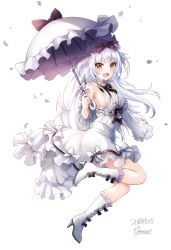 Rule 34 | 1girl, :d, animal ears, azur lane, bare shoulders, black bow, blush, boots, bow, breasts, brown eyes, cat ears, center frills, cokecoco, commentary request, dated, dress, fang, frills, hair bow, highres, holding, holding umbrella, knee boots, long hair, medium breasts, off-shoulder dress, off shoulder, open mouth, sideboob, signature, silver hair, simple background, smile, solo, umbrella, very long hair, white background, white bow, white dress, white footwear, white umbrella, yukikaze (azur lane), yukikaze (sovereign of the swing) (azur lane)