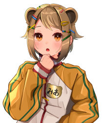 Rule 34 | 1girl, nanashi inc., animal ears, animare, brown eyes, brown hair, hair ornament, highres, jacket, konan mia, long sleeves, multicolored clothes, multicolored jacket, open mouth, short hair, simple background, solo, temari maco, two-tone jacket, upper body, virtual youtuber, white background