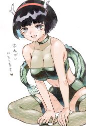 Rule 34 | 1girl, bare shoulders, black hair, bob cut, breasts, chinese zodiac, choker, cleavage, crop top, dragon girl, dragon horns, dragon tail, fishnet thighhighs, fishnets, grey eyes, highres, horns, indian style, looking at viewer, medium breasts, micro shorts, navel, nishi yoshiyuki, open mouth, original, short hair, shorts, sitting, smile, solo, tail, thighhighs, year of the dragon