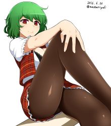 Rule 34 | 1girl, black bra, bra, breasts, cleavage, commentary request, green hair, hand on leg, kazami yuuka, looking at viewer, mattari yufi, pantyhose, plaid, plaid skirt, plaid vest, red eyes, short sleeves, simple background, skirt, smile, solo, touhou, underwear, vest, white background