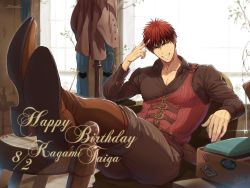 Rule 34 | 1boy, boots, brown pants, chair, crossed legs, dated, foreshortening, happy birthday, highres, kagami taiga, kuroko no basuke, male focus, pants, red eyes, red hair, sitting, solo, thighs, zawar379