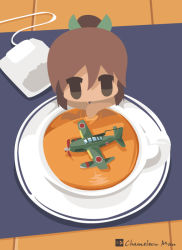 Rule 34 | 10s, 1girl, aircraft, airplane, artist name, bad id, bad pixiv id, bow, brown eyes, brown hair, chameleon man (three), chibi, commentary, cup, flat color, floating, hair bow, i-401 (kancolle), kantai collection, mini person, minigirl, no lineart, ponytail, pun, saucer, seaplane, solo, table, tea, teabag, teacup