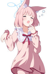 Rule 34 | 1girl, animal ear fluff, animal ears, blue archive, blue halo, closed eyes, cowboy shot, fox ears, frilled sleeves, frills, halo, highres, long sleeves, niko (blue archive), open mouth, pajamas, pink hair, pink pajamas, short hair, simple background, solo, squeans, white background, yawning, zundamochi (sera)