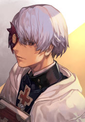 Rule 34 | 1boy, asuka r. kreutz, book, brown eyes, closed mouth, cross, eyepatch, from side, guilty gear, guilty gear strive, hungry clicker, lab coat, looking at viewer, looking to the side, male focus, one eye covered, purple hair, short hair, solo, upper body