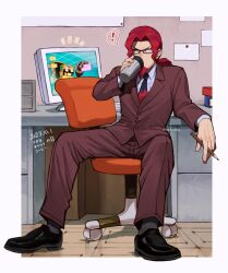 Rule 34 | 1boy, chiha bobobo, commentary request, computer, cup, facial hair, formal, glasses, goatee, heatman.exe, highres, holding, holding cup, holding pencil, in-universe location, long hair, male focus, mega man (series), mega man battle network (series), mega man battle network 6, mr. match (mega man), netnavi, official alternate costume, pencil, red hair, sitting, suit