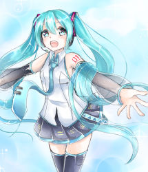 Rule 34 | 1girl, aqua eyes, aqua hair, cowboy shot, detached sleeves, hatsune miku, hatsune miku (vocaloid3), headset, highres, long hair, looking at viewer, musical note, namimumeho, necktie, open mouth, outstretched arms, see-through clothes, skirt, solo, spread arms, thighhighs, twintails, very long hair, vocaloid