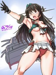 Rule 34 | 1girl, armpits, beret, black choker, black gloves, black hair, blouse, breasts, choker, choukai (kancolle), choukai kai ni (kancolle), collarbone, cowboy shot, crotch seam, dated, glasses, gloves, hair ornament, hat, headgear, kantai collection, long hair, machinery, open mouth, panties, pleated skirt, red eyes, red panties, rimless eyewear, shirt, skirt, small breasts, solo, tatsumi ray, torn clothes, torn shirt, torn skirt, twitter username, underwear, white skirt