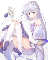 Rule 34 | 1girl, blush, braid, cat, closed mouth, crown braid, detached sleeves, emilia (re:zero), flower, frilled sleeves, frills, hair flower, hair ornament, hair ribbon, hands on own knees, highres, long hair, long sleeves, miniskirt, panties, print sleeves, puck (re:zero), purple eyes, purple ribbon, re:zero kara hajimeru isekai seikatsu, ribbon, shimon (31426784), silver hair, simple background, sitting, skirt, smile, solo, striped clothes, striped panties, thighhighs, underwear, very long hair, white background, white flower, white panties, white skirt, white sleeves, white thighhighs, wide sleeves