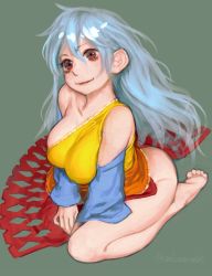Rule 34 | 1girl, bare arms, bare shoulders, barefoot, blue hair, breasts, closed mouth, collarbone, detached sleeves, dress, envenomist (gengoroumaru), from above, full body, grey background, hair between eyes, highres, large breasts, lips, long hair, looking at viewer, looking up, multicolored clothes, multicolored dress, one-hour drawing challenge, red eyes, sakata nemuno, seiza, side slit, sidelocks, simple background, single strap, sitting, skindentation, smile, soles, solo, toes, touhou, twitter username, v arms, very long hair