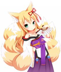 Rule 34 | 1girl, animal ear fluff, animal ears, bad id, bad pixiv id, bare shoulders, blonde hair, blush, bow, cowboy shot, fox ears, fox tail, green eyes, hair ornament, hand fan, highres, holding, inari, japanese clothes, kimono, kitsune, long hair, looking at viewer, mon-musu quest!, monster girl, multiple tails, nekotechno, sidelocks, simple background, smile, solo, tail, tamamo (mon-musu quest!), tattoo, white background