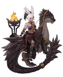 Rule 34 | 1girl, animal ears, arm support, asymmetrical hair, warrior of light (ff14), bandeau, bard (final fantasy), bare shoulders, black hair, bodypaint, bow (weapon), bracer, braid, byuub, closed mouth, dragon, final fantasy, final fantasy xiv, fire, full body, high ponytail, holding, holding bow (weapon), holding weapon, jewelry, long hair, multicolored hair, rabbit ears, riding, side braid, sidesaddle, simple background, single braid, skirt, tan, two-tone hair, viera, weapon, white background, white hair, wyvern
