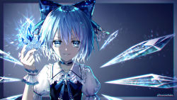 Rule 34 | &gt;:), 1girl, artist name, blue background, blue border, blue bow, blue choker, blue dress, blue eyes, blue hair, blue nails, blue ribbon, border, bow, brooch, choker, chromatic aberration, cirno, collarbone, commentary request, cryokinesis, dress, frilled shirt collar, frills, grin, hair between eyes, hair bow, hand up, ice, ice wings, jewelry, kazunehaka, looking at viewer, nail polish, neck ribbon, outside border, pinafore dress, puffy short sleeves, puffy sleeves, ribbon, shirt, short hair, short sleeves, sleeveless, sleeveless dress, smile, solo, touhou, twitter username, upper body, v-shaped eyebrows, white shirt, wings, wrist cuffs