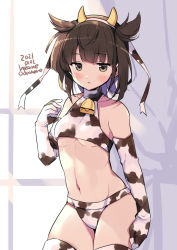 Rule 34 | 1girl, alternate costume, animal ears, animal print, artist name, bikini, breasts, brown hair, commentary request, cow ears, cow horns, cow print, cowboy shot, dated, elbow gloves, fake animal ears, fake horns, gloves, hair flaps, hatsuzuki (kancolle), horns, kantai collection, odawara hakone, one-hour drawing challenge, short hair, small breasts, solo, swimsuit, thighhighs, underboob, white bikini, white gloves, white thighhighs, window, yellow eyes