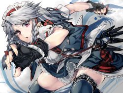 Rule 34 | 1girl, black thighhighs, braid, chain, female focus, fingerless gloves, geppewi, gloves, holding, izayoi sakuya, knife, looking at viewer, maid, maid headdress, pocket watch, silver hair, solo, thighhighs, touhou, twin braids, watch