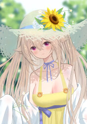 Rule 34 | 1girl, absurdres, alternate costume, anchorage (azur lane), azur lane, bare shoulders, blue ribbon, blurry, blurry background, breasts, cleavage, flower, hat, hat flower, highres, large breasts, light brown hair, long hair, purple eyes, qingyuexin, ribbon, sleeves past fingers, sleeves past wrists, straw hat, sun hat, sunflower, upper body, very long hair, very long sleeves, yellow flower