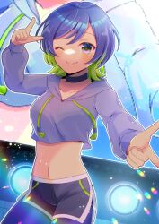 Rule 34 | 1girl, ;), arm up, black choker, black pantyhose, black shorts, blue hair, blush, breasts, choker, closed mouth, collarbone, commentary request, commission, crop top, drawstring, green eyes, green hair, hair between eyes, hood, hood down, hoodie, kou hiyoyo, long sleeves, looking at viewer, medium breasts, midriff, mole, mole under eye, multicolored hair, navel, one eye closed, original, pantyhose, pantyhose under shorts, puffy long sleeves, puffy sleeves, purple hoodie, short shorts, shorts, skeb commission, sleeves past wrists, smile, solo, two-tone hair