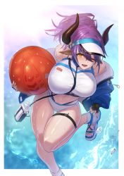 Rule 34 | 1girl, ;d, absurdres, arknights, ball, bare shoulders, beachball, bikini, black gloves, blue jacket, bottle, breasts, commentary request, fingerless gloves, foot out of frame, gloves, hair between eyes, highres, holding, holding ball, horns, jacket, large breasts, long sleeves, looking at viewer, navel, off shoulder, one eye closed, open clothes, open jacket, open mouth, purple hair, sakazu mekasuke, sandals, short hair, sideroca (arknights), sideroca (light breeze) (arknights), smile, solo, stomach, swimsuit, thigh strap, thighs, water drop, white bikini, white footwear, yellow eyes