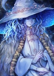 Rule 34 | 1girl, blue eyes, blue hair, blue skin, blue theme, cloak, closed mouth, colored skin, cracked skin, doll joints, dress, elden ring, extra arms, extra faces, fur cloak, hat, highres, joints, kodue55, long hair, looking at viewer, one eye closed, ranni the witch, smile, solo, star (sky), white dress, white hat, witch, witch hat