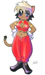 Rule 34 | 1girl, alicia priss, animal ears, armlet, breasts, cat ears, cat tail, cleavage, dyed bangs, eyepatch, full body, furry, furry female, gloves, hands on own hips, highres, little tail bronx, multicolored hair, official art, short hair, simple background, sleeveless, smile, solo, tail, tail concerto, two-tone hair, white background, yuuki nobuteru