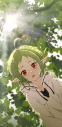 Rule 34 | 1girl, :o, absurdres, day, elf, from below, green hair, highres, jacket, kaqkaq, leaf, looking at viewer, mushoku tensei, open mouth, outdoors, pointy ears, red eyes, shirt, short hair, solo, sun, sunlight, sylphiette (mushoku tensei), white jacket, white shirt