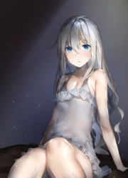 Rule 34 | 1girl, araido kagiri, arm support, artificial angel (araido kagiri), bare arms, bare shoulders, blue eyes, blush, breasts, cleavage, collarbone, commentary request, dress, grey hair, hair between eyes, highres, long hair, looking at viewer, original, parted lips, sitting, sleeveless, sleeveless dress, small breasts, solo, very long hair, white dress