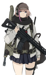 Rule 34 | 1girl, ar-15, baseball cap, black scarf, black shirt, black skirt, blue eyes, brown hair, brown hat, closed mouth, commentary request, ear protection, girls&#039; frontline, gun, hand up, hat, highres, jacket, long sleeves, looking at viewer, multicolored hair, mutugorou u, name connection, object namesake, open clothes, open jacket, pink hair, pleated skirt, puffy long sleeves, puffy sleeves, rifle, scarf, shirt, simple background, skindentation, skirt, sleeves past wrists, solo, st ar-15 (girls&#039; frontline), standing, streaked hair, thigh strap, weapon, white background, white jacket