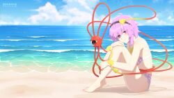 Rule 34 | 1girl, absurdres, alternate costume, barefoot, beach, bikini, black hairband, blue sky, closed mouth, cloud, commentary request, full body, hairband, heart, highres, knees up, komeiji satori, light smile, looking at viewer, pink bikini, pink eyes, pink hair, restra25, shaded face, shore, short hair, sitting, sky, solo, swimsuit, third eye, touhou, water