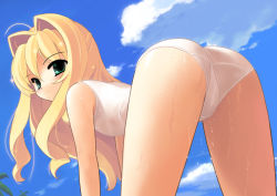 Rule 34 | 1girl, all fours, ass, bad id, bad pixiv id, blonde hair, cloud, day, flat chest, green eyes, hair intakes, jiji (aardvark), long hair, looking back, one-piece swimsuit, original, outdoors, sky, smile, solo, swimsuit, wet, white one-piece swimsuit