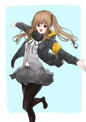 Rule 34 | 1girl, absurdres, belt, black jacket, black pantyhose, black scarf, bow, brown eyes, brown hair, girls&#039; frontline, grey skirt, hair bow, hair ornament, hairclip, hanabusaraleigh, highres, jacket, long hair, looking at viewer, neck ribbon, open clothes, open jacket, open mouth, pantyhose, ribbon, scar, scar across eye, scar on face, scarf, shirt, simple background, skirt, smile, solo, standing, standing on one leg, twintails, ump9 (girls&#039; frontline), white shirt