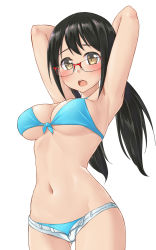 Rule 34 | 1girl, :o, aimobake, armpits, arms behind head, arms up, bare shoulders, bikini, black hair, blue bikini, blush, breasts, brown eyes, cleavage, commentary request, cowboy shot, front-tie bikini top, front-tie top, glasses, gluteal fold, highres, idolmaster, idolmaster cinderella girls, long hair, looking at viewer, low twintails, medium breasts, micro shorts, nakano yuka, navel, open fly, open mouth, red-framed eyewear, semi-rimless eyewear, shorts, simple background, solo, standing, stomach, swimsuit, thighs, twintails, white background, white shorts