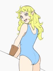 Rule 34 | 1girl, alternate costume, ass, blonde hair, blue one-piece swimsuit, dungeon meshi, elf, fleki, gloves, highres, long hair, looking back, one-piece swimsuit, pointy ears, single glove, smaragdus, solo, swimsuit, white background