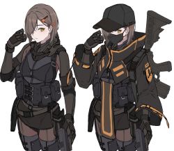 Rule 34 | 1girl, 3 small spiders, absurdres, ar-10, arm up, battle rifle, black bodysuit, black jacket, black mask, blush, bodysuit, breasts, brown gloves, brown hair, commentary, feet out of frame, glock, gloves, gun, hair between eyes, hair ornament, hair over one eye, hairclip, hairpin, handgun, highres, holding, holding gun, holding weapon, jacket, kac sr-25, long sleeves, looking at viewer, masked, medium hair, open mouth, original, rifle, small breasts, sniper rifle, sr-25, standing, tactical clothes, weapon, white background, wide sleeves, yellow eyes