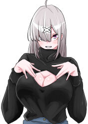 Rule 34 | 1girl, absurdres, ahoge, black sweater, breasts, casual, cleavage, cleavage cutout, clothing cutout, frim 02, grey hair, grin, hair over one eye, highres, large breasts, long hair, mole, mole under eye, nijisanji, pink eyes, simple background, smile, solo, sukoya kana, sweater, virtual youtuber, white background