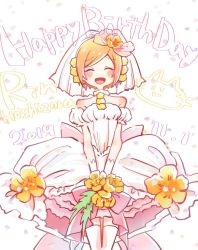 Rule 34 | 1girl, artist name, artist request, back bow, bare shoulders, bouquet, bow, breasts, cherry blossoms, choker, cleavage, collarbone, dress, earrings, closed eyes, female focus, flower, gloves, hair between eyes, hair flower, hair ornament, highres, holding, holding bouquet, hoshizora rin, jewelry, looking at viewer, love live!, love live! school idol festival, love live! school idol project, love wing bell, orange flower, orange hair, parted lips, pink bow, pom pom (clothes), pom pom hair ornament, short dress, short hair, skirt, skylife, sleeveless, sleeveless dress, small breasts, smile, solo, strapless, strapless dress, veil, white choker, white dress, white gloves, white legwear, white skirt, white veil, yellow flower
