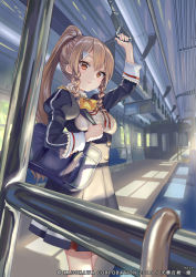 Rule 34 | 1girl, arm up, bag, black dress, blush, bow, breasts, brown eyes, character request, commentary request, day, dress, hair between eyes, hair ornament, high ponytail, holding, juliet sleeves, light brown hair, long hair, long sleeves, looking at viewer, medium breasts, official art, pisuke, pleated dress, ponytail, puffy sleeves, school bag, school uniform, solo, tenka hyakken, train interior, very long hair, window, yellow bow