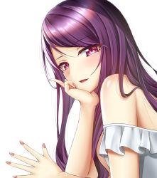 Rule 34 | 1girl, absurdres, from side, gundou mirei, gundou mirei (2nd costume), hair between eyes, head rest, highres, index finger raised, long hair, looking at viewer, nail polish, nijisanji, off-shoulder shirt, off shoulder, open mouth, pink nails, purple hair, rai (newtype xm-x1), red eyes, shiny skin, shirt, simple background, solo, swept bangs, upper body, very long hair, virtual youtuber, white background, white shirt