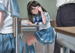Rule 34 | 1girl, black hair, classroom, desk, itou tatsuya, original, school uniform, sweat