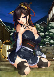 Rule 34 | 1girl, :p, absurdres, animal ears, black hair, black thighhighs, breasts, choker, cleavage, finger to mouth, frills, hair ornament, hair stick, half updo, harem gain, highres, hitou no kaga, japanese clothes, kaga (harem gain), kimono, kimono skirt, kirin kakeru, large breasts, lolita fashion, long hair, looking at viewer, obi, off shoulder, onsen, purple eyes, sash, scan, sitting, sky, solo, steam, tail, thighhighs, tiger ears, tiger tail, tongue, tongue out, wa lolita, yuujo